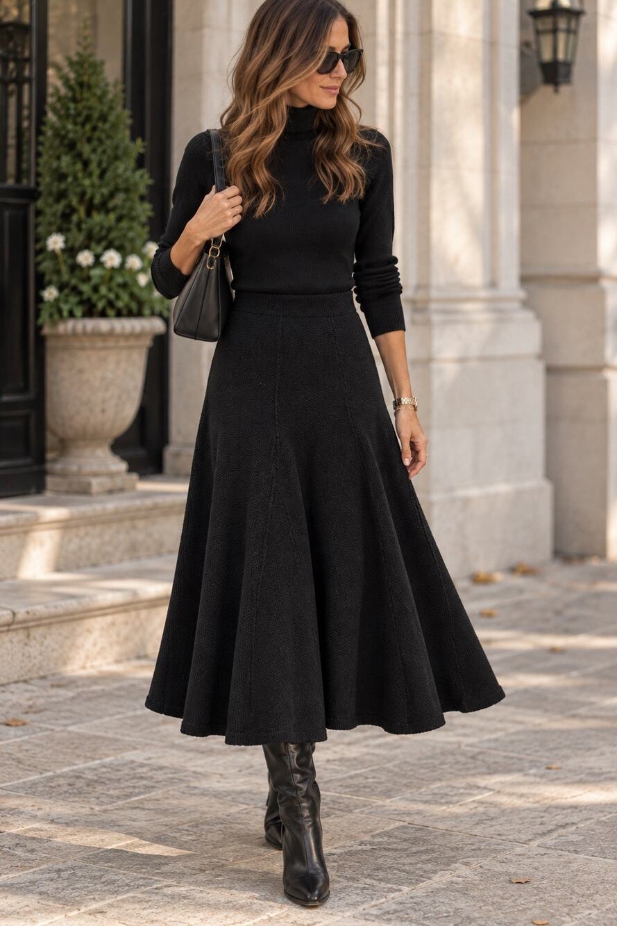 Lauren Ralph Lauren 100% Lambswool Black Knit Fit & Flare Midi Skirt Size S